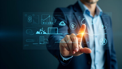 Businessman Engaging with Digital Screen for Comprehensive Risk Management and Financial Strategy Planning: Visualizing Enterprise Risk Assessment and Investment Concepts in Stock Photo with Space for