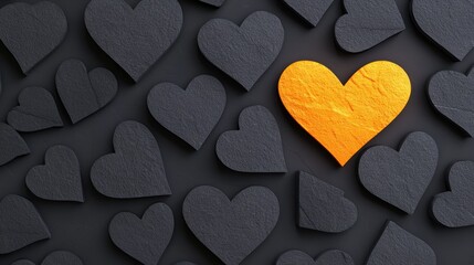 Obraz premium A vibrant orange heart stands out among numerous black hearts, symbolizing uniqueness and individuality in a visually striking arrangement.