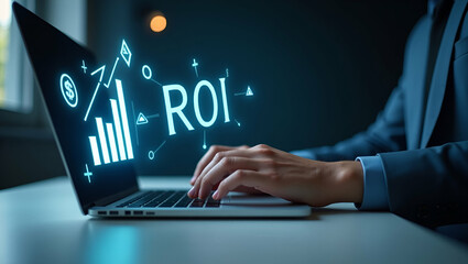 Hand typing on laptop with holographic ROI graph and financial strategy icons representing analyzing ROI and business strategy in empty space concept as Hand types on laptop displaying holographic ROI