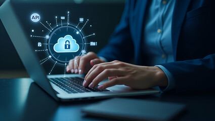 A programmer types on a laptop interacting with digital icons representing API development security and cloud computing application software tool concept as Programmer interacts with digital icons for