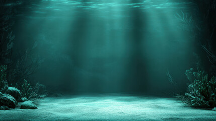 Beneath ocean surface, serene underwater scene unfolds with soft light rays piercing through water, illuminating sandy seabed and surrounding coral formations