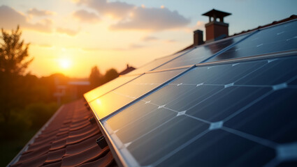 Vibrant Sunset Over Flat Solar Panels on a House Roof: Embracing Renewable Energy and Sustainable Living in a Cute Vector Illustration for Eco-Friendly Homes