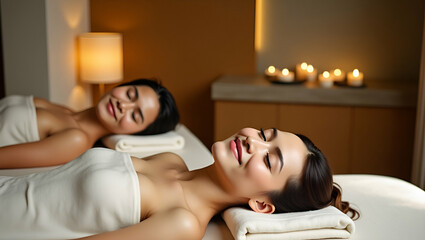 Obraz premium Young couple lying down on massage beds at Asian luxury spa relaxing and promoting health and wellness concept as Young couple lying on massage beds at an Asian luxury spa promoting relaxation and wel