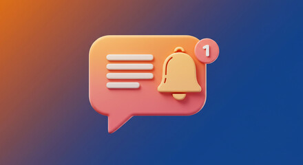 A new message notification, a cute bell rings announcing one unread message in a friendly chat bubble design with a warm orange and blue gradient background.