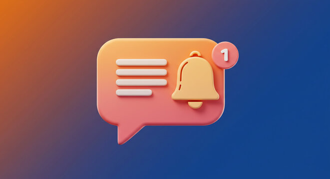 A new message notification, a cute bell rings announcing one unread message in a friendly chat bubble design with a warm orange and blue gradient background.