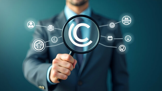 Flat Businessman Analyzing Copyright Symbols: A Cute Vector Illustration of Digital Copyright, Intellectual Property, and Trademark Concepts for Legal Professionals