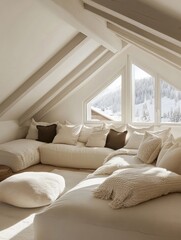 Scandinavian minimalist living room with cozy beige furniture, wooden floors, and warm lighting in a serene winter setting