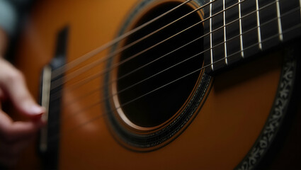 Obraz premium Close-Up of Vibrating Strings on Acoustic Guitar: Capturing Musical Performance & Craftsmanship