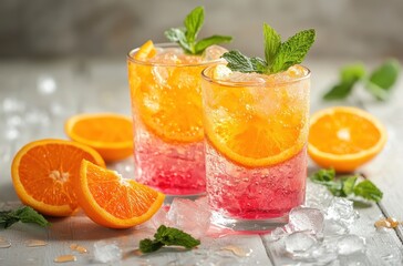 Refreshing Summer Beverage with Citrus and Mint Garnish, Vibrant Colors and Ice on Rustic Wooden Background