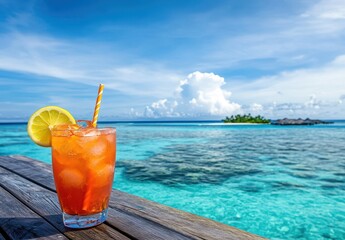 Refreshing Summer Beverage with Citrus Garnish Against a Tropical Ocean Landscape and Blue Sky