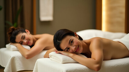 Obraz premium Young Couple Relaxing on Massage Beds at Asian Luxury Spa - Promoting Health and Wellness