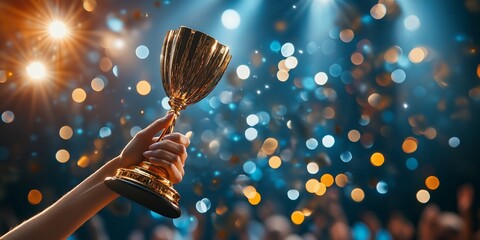 The triumphant ascent of a golden trophy amidst celebratory bokeh lights