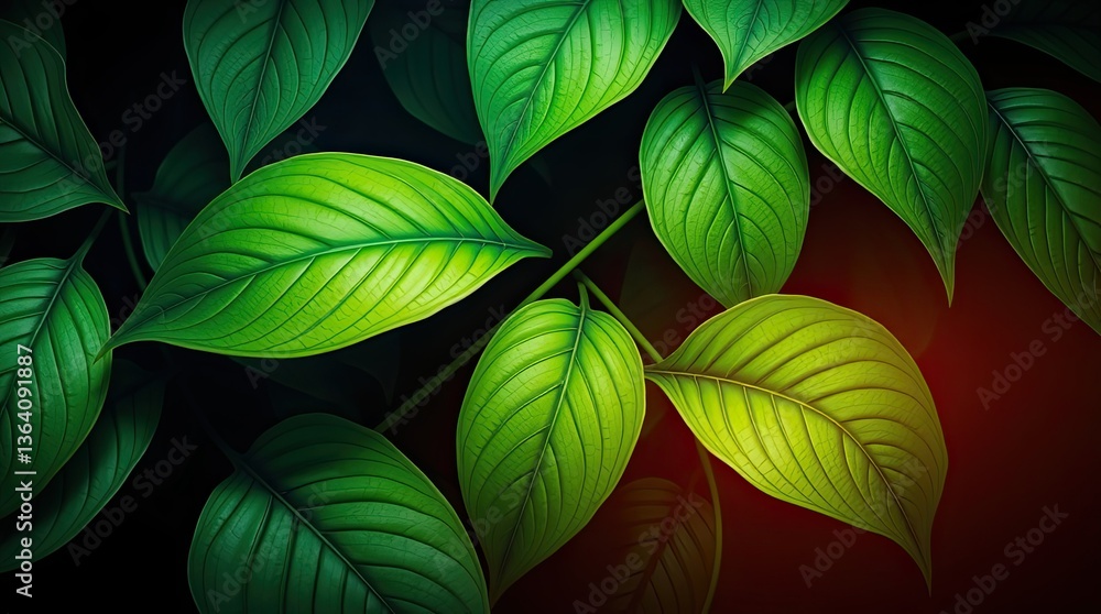 Poster detailed view of lush green leaves displaying natural textures and patterns illuminated by gentle li