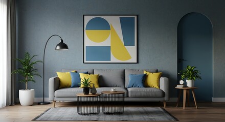 Blue sofa with yellow pillows and blanket against beige wall with frame poster. Scandinavian home interior design of modern living room.
