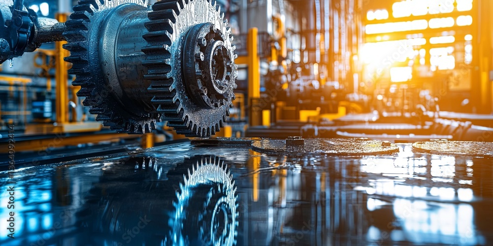Poster Industrial Gear and Machinery in Modern Factory with Soft Lighting and Reflection on Wet Surface Creating Atmospheric Environment