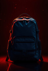 Fototapeta premium travel or casual backpack on dark background and red neon light, product card advertising concept