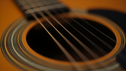 Obraz premium Close-Up of Vibrating Strings on Acoustic Guitar: Capturing Musical Performance & Craftsmanship