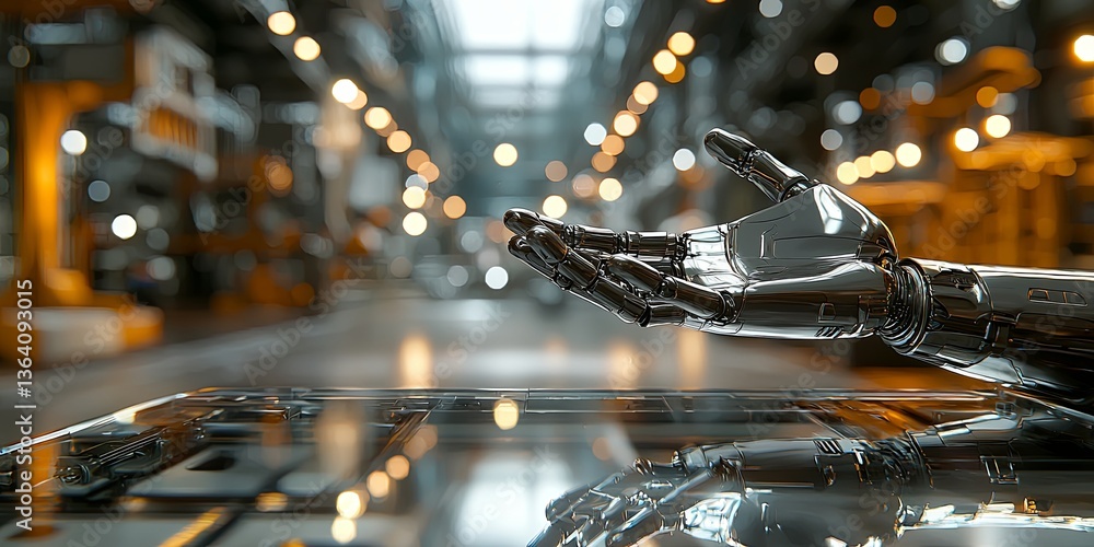 Poster Futuristic robotic hand reaching towards a transparent surface in a high-tech industrial environment with blurred lights and machinery in background