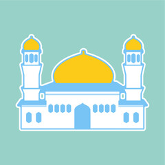 Illustration or Ramadan icon of a white and blue mosque building with minarets on both sides which is used for Muslim worship in Flat art style