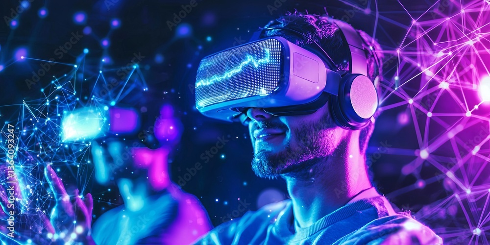 Aufkleber Futuristic Virtual Reality Experience With Neon Lights, Digital Data Streams, and Human Interaction in an Immersive Tech Environment