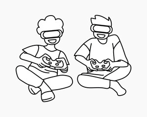 Boys playing VR games doodle collage element vector