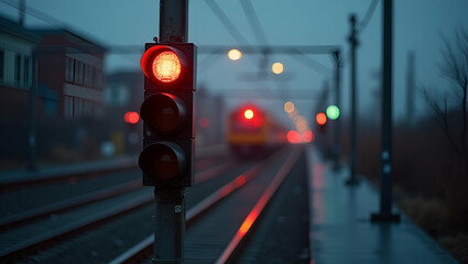 Railway Signal with Red and Green Lights for Safe Train Movement - Stock Photo