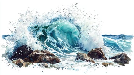 A vibrant watercolor depiction of a crashing wave against rocky shores, capturing the dynamic movement and beauty of the ocean.