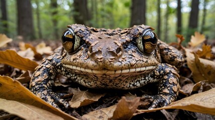 Oak Toad Under a Mushroom with Glowing Fireflies in a Magical Nighttime Forest