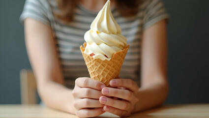 Delightful Flat Vector Illustration: Woman's Hands Holding a Melting Ice Cream Waffle Cone, Capturing the Sweetness and Delicacy of Life's Moments in a Cute and Smart Business Tone