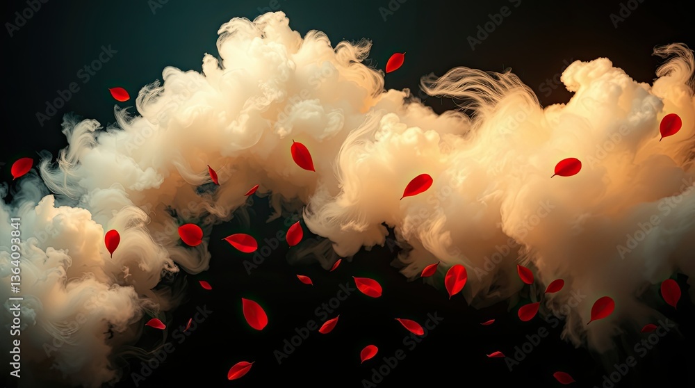 Aufkleber vibrant red leaves gently descend through soft swirling clouds creating an enchanting atmosphere in 
