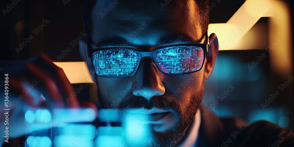Poster A focused man observing glowing data on glasses while analyzing information in a dark room, showcasing dedication to technology and cybersecurity analysis