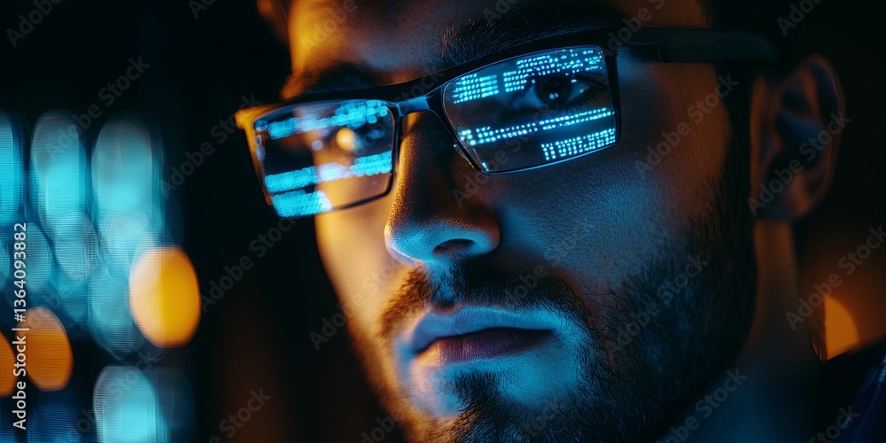 Poster A focused man observing glowing data on glasses while analyzing information in a dark room, showcasing dedication to technology and cybersecurity analysis