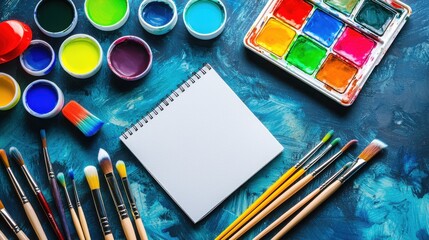 Naklejka premium A vibrant art setup featuring paint pots, brushes, and a blank sketchbook on a textured blue background, inviting creativity and artistic expression.