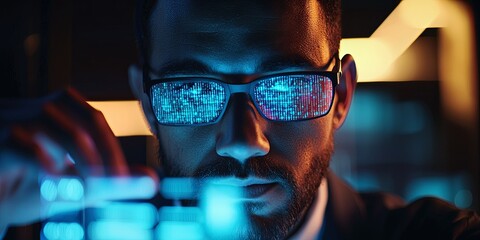 A focused man observing glowing data on glasses while analyzing information in a dark room, showcasing dedication to technology and cybersecurity analysis