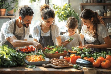 Family Preparing Healthy Salad Together in Bright Kitchen Interior