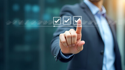 Businessman Ticking Off Checklist with Progress Bar: Effective Project Management Tracking Concept in Stock Photo with Empty Space for Customization