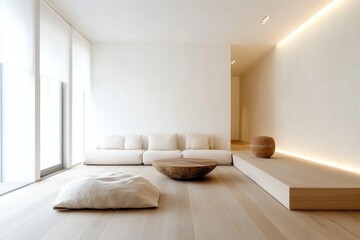 Fototapeta premium Scandinavian minimalist living room with white walls and warm lighting for a cozy atmosphere