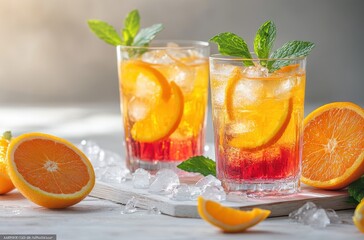 Fototapeta premium Refreshing Summer Citrus Drink with Mint and Ice Cubes Served in Glasses Surrounded by Fresh Oranges and Ice on a Bright Wooden Surface