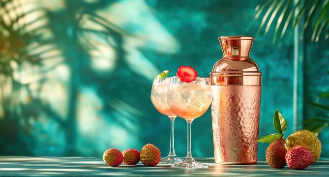 Refreshing Summer Cocktail Arrangement with Shaker, Glasses, and Exotic Lychee Fruits Against Tropical Background