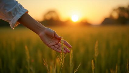Flat Womans hand touching grass in field during sunset showcasing connection with nature and peaceful outdoor interaction in rural environment concept as Womans hand touching grass in field during sun