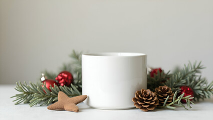 Minimalist White Container Surrounded by Elegant Festive Decorations: A Clean and Sophisticated Holiday Styling Concept with Ample Empty Space for Creative Photo Stock Use