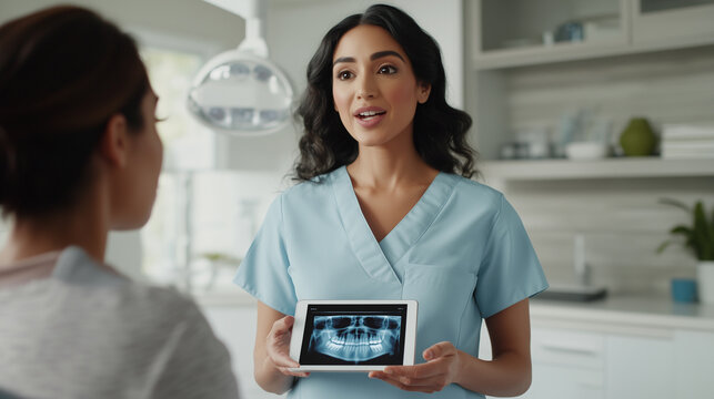 Dentist Healthcare professional in scrubs explaining dental x-ray to a female patient using a tablet in a modern clinic. Professional, interactive consultation. Image made using Generative AI.