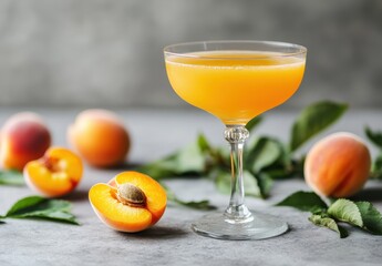Refreshing Summer Cocktail with Apricot Garnish and Fresh Fruits on Grey Background for Beverage Guides and Recipe Ideas