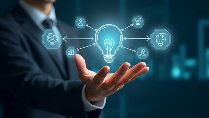 Obraz premium Hand Engaging with Holographic Skills Interface: Showcasing Learning, Growth, Teamwork, and Innovation Icons in Empty Space - Stock Photo Concept for Future-Ready Collaboration