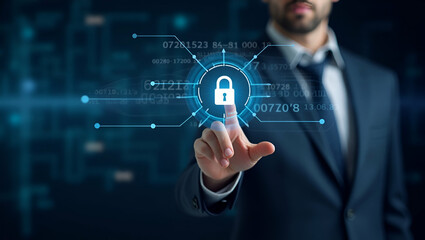 Obraz premium Flat Business Hand Clicking Security Icon: Data Protection & Cybersecurity