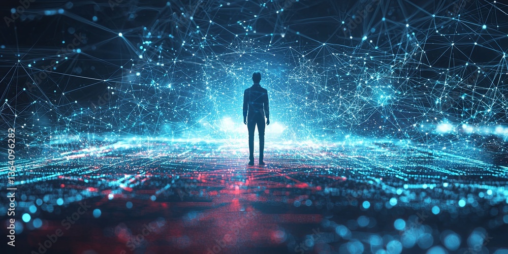 Poster Individual standing in a futuristic digital space filled with glowing particles and interconnected lines representing data transmission and technology innovation