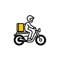 Fototapeta premium A minimalist black-and-white logo of a courier riding a motorcycle with a backpack. Simple line drawing with pastel tones, depicting a helmeted delivery rider on a motorbike. Modern, clean design 