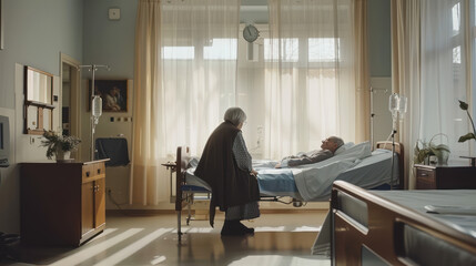 elderly woman visits man in hospital bed, conveying warmth and care