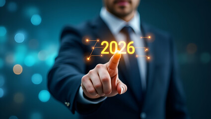 Obraz premium Happy New Year 2026: Businessman Setting New Goals and Strategies for Future Growth