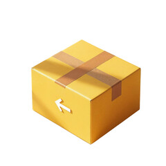 A cheerful yellow package awaiting its journey, secured with warm-toned tape and a subtle return arrow, bathed in soft sunlight.